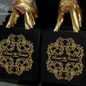 30 bruiloft welkom tassen met satijnen lint handgrepen en uw namen, elegante zwart en goud gepersonaliseerde tassen voor bruiloft gunst voor gasten