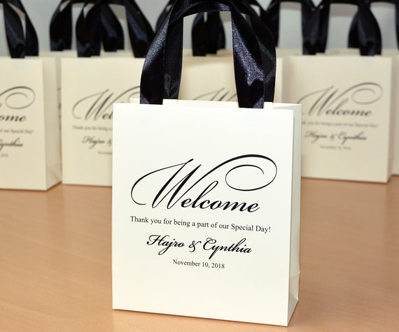 Personalized Ivory Wedding Welcome Bags With Satin Ribbon And Your