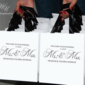 35 Mr & Mrs Wedding welcome bags with satin ribbon handles, Elegant Personalized Wedding Bags for gifts and favors for your guests