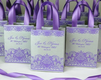 35 Silver wedding welcome bags with Lavender satin ribbon & custom names, Personalized Wedding Party gift bags for wedding favors for guests