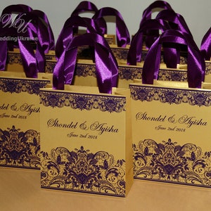 Purple & Gold Wedding Welcome Bags with satin ribbon handles and your names Personalized Wedding Party gift bag for wedding favor for guests