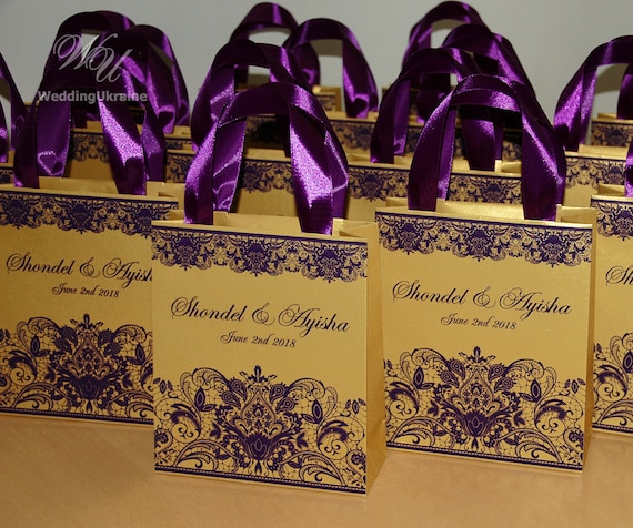 Purple & Gold Wedding Welcome Bags With Satin Ribbon Handles 