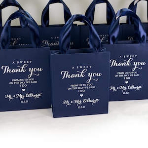 20 Navy Blue & Silver Wedding Favor Bags with satin ribbon handles and your names A Sweet Thank You favor Personalized Mr and Mrs gift bags