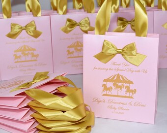 25 Carousel Baby Shower Party gift bags with satin ribbon handles, bow and custom name, Light Pink & Gold Party favors for guests