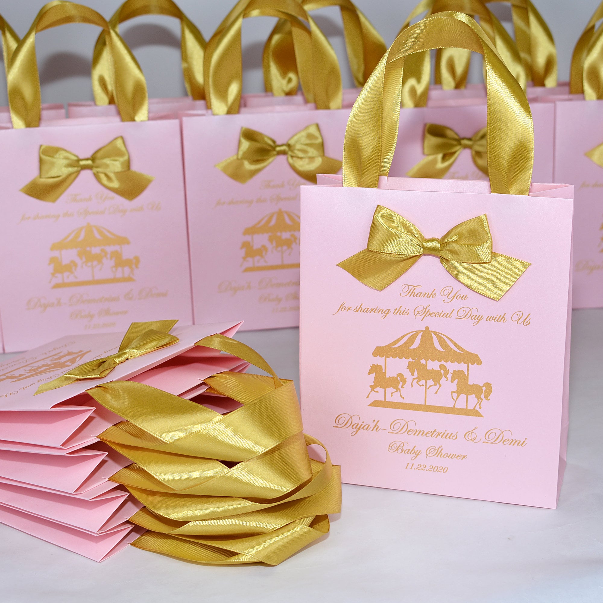 10 Baby Shower Bags With Satin Ribbon Handles, Bow and Name