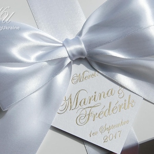 50 Wedding Favor Gift Boxes with satin ribbon, bow & Gold foil names - Elegant Custom personalized wedding gifts and favors for guests