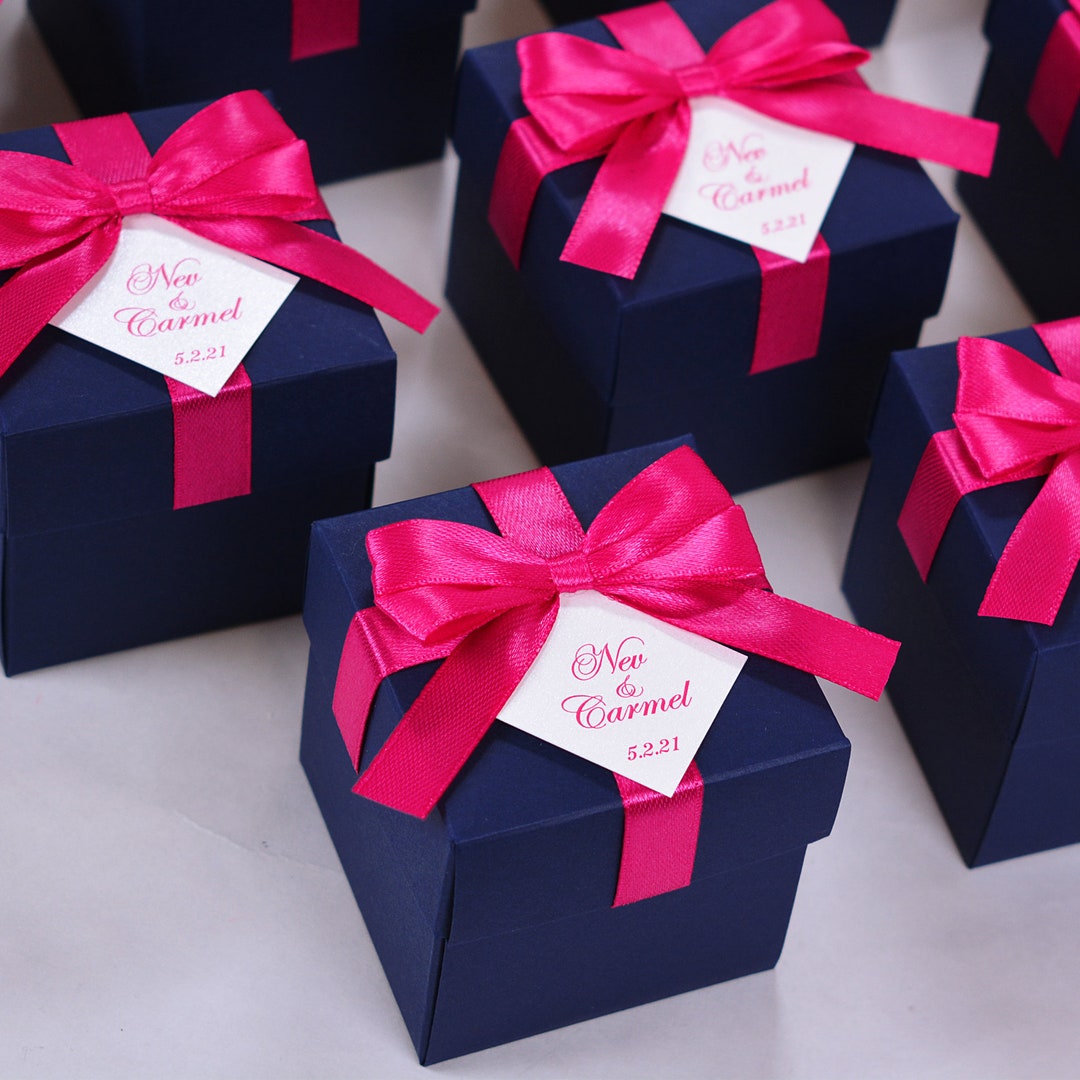 Elegant Wedding Favor Box With Hot Pink Satin Ribbon Bow and Your Names