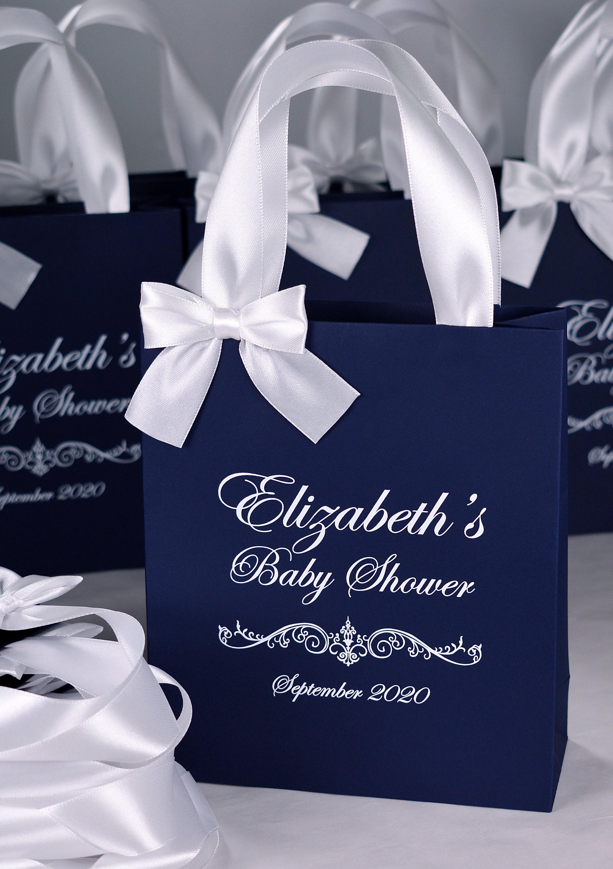 25 Baby Shower Treat Bags With Satin Ribbon Handles, Bow & Name ...