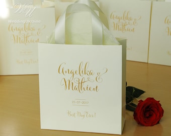 35 Geschenktüten für Hochzeitsfeier mit Satinband und Ihre Namen, personalisierte Elegant Wedding Willkommen Taschen für Hochzeiten Geschenke und Gefälligkeiten