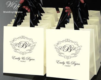 25 ślub Monogram Zapraszamy torby dla gości weselnych z czarną wstążką satynową i nazwy - eleganckie spersonalizowane wesela darów i łask