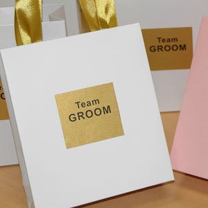 May include: White gift bags with gold ribbon and gold labels that say "Team Groom".