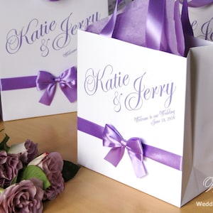 White and Lavender Wedding Welcome Bags with satin ribbon, bow and names - Custom Personalized Paper Bags - Custom Wedding Gift favors