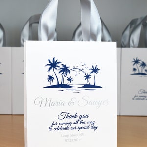 20 Tropical Wedding Welcome Bags with Silver satin ribbon handles and your names, Personalized Beach wedding Thank you favor for guests
