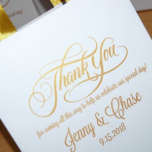 35 Gold Wedding Welcome Bags with satin ribbon handles and your names, Personalized wedding thank you favors for wedding guests
