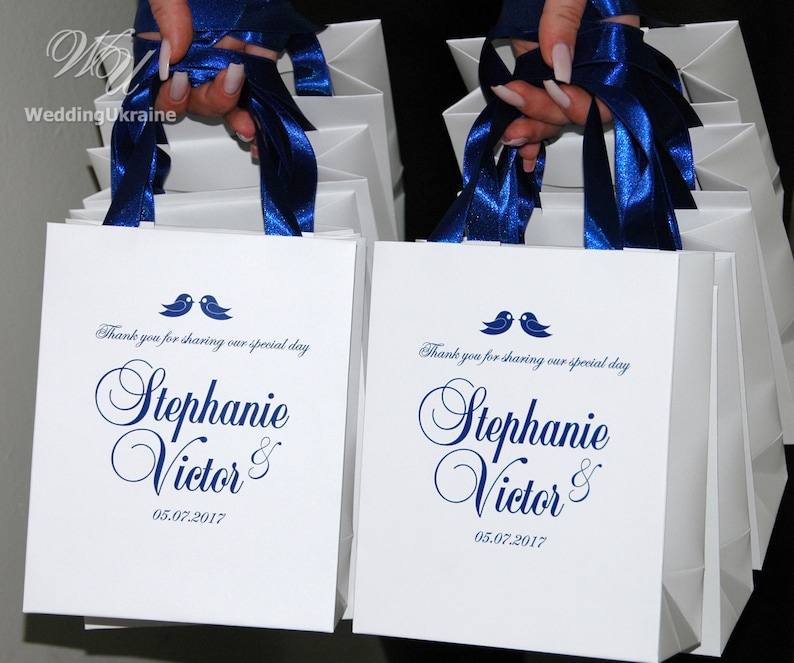 Thank you for sharing our special day gift bags for guests 35 Wedding Welcome Bags with Cobalt Blue satin ribbon names /& love birds