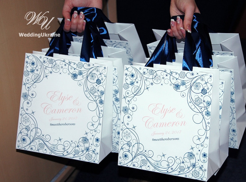 Gift Paper Bags for your Wedding guests Custom Personalized wedding favors Winter Wonderland 50 Welcome Bags with satin ribbon and names