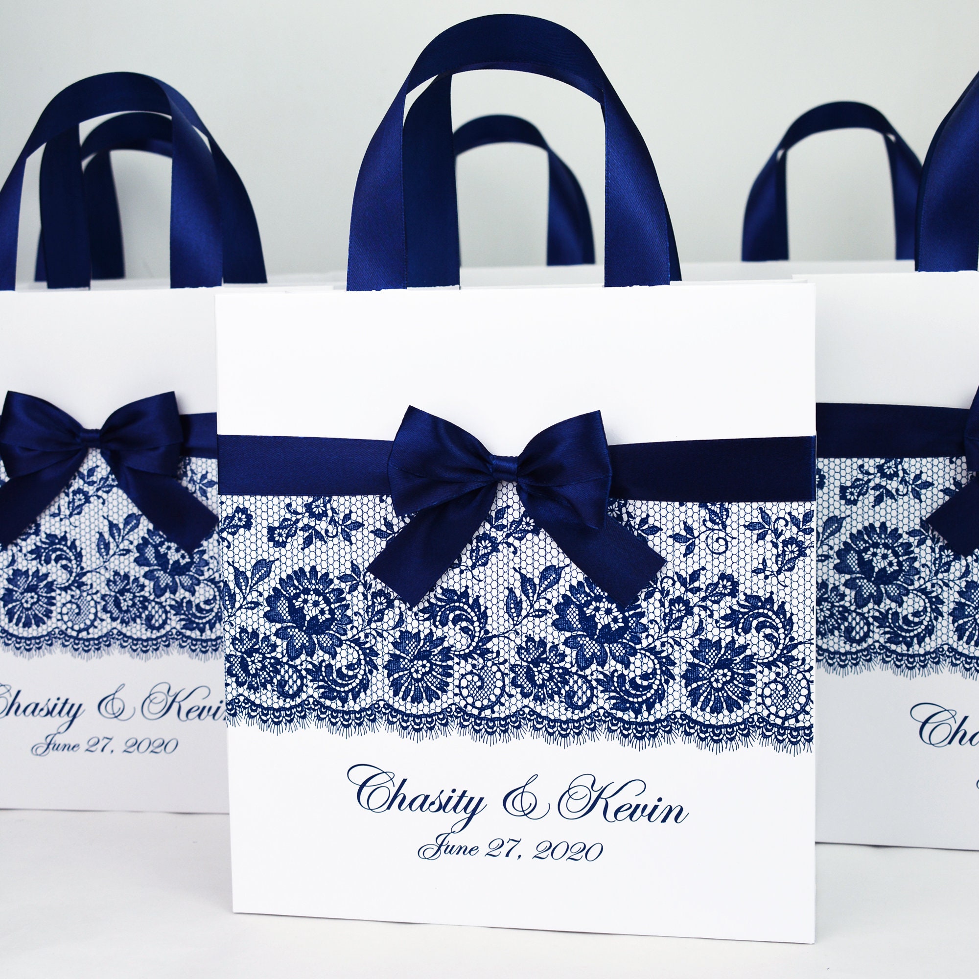 20 Chic Navy Blue Wedding Gift Bags Satin Ribbon Handles Bow Etsy