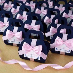 Navy Blue & Light Pink Wedding Candy box, Elegant Personalized bonbonniere with satin ribbon bow and tag, Wedding boxes for favor for guests
