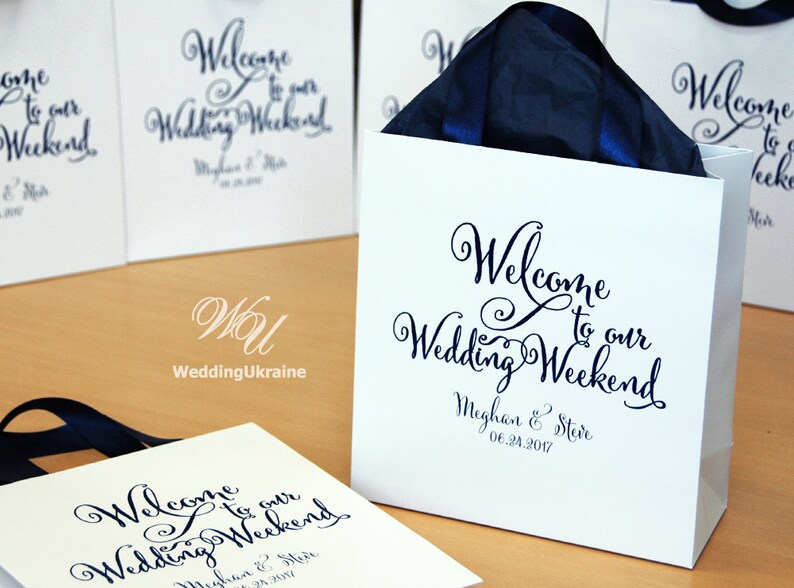 25 Navy Blue Ribbon Handles Wedding Welcome Bags - Custom Personalized ...