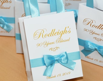 20 Anniversary Bags with satin ribbon handles, bow and name, Elegant Gold Personalized Birthday Party Favors,  treat bags for guests