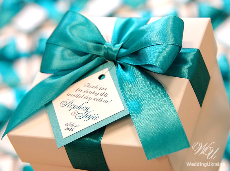 20 Personalized Wedding Favor Boxes With Teal Satin Ribbon Etsy