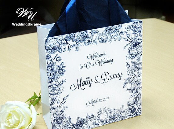 30 Wedding Welcome Bags With Navy Blue Satin Ribbon & Names 