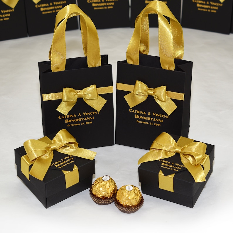 25 Black & Gold Wedding Favor Gift Box With Satin Ribbon Bow Etsy