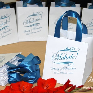 50 Pale Blue Wedding Welcome Bags with satin ribbon and your names, Personalized favor Bags, Mahalo! Destination Wedding Favors for guests