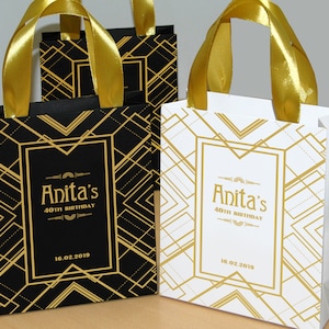 20 Gatsby Style Birthday Gift Bags with gold satin ribbon handles and your name, Gatsby Theme Personalized Art Deco style, Black & Gold Bag