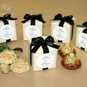 Ivory Wedding favor box with Black satin ribbon, bow and custom tag, Personalized Wedding bonbonniere for candies or gifts for your guests