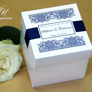Wedding Gift Boxes with satin ribbon and tag - Custom Personalized Favor Box with Navy Blue satin ribbon -  Weddings favors with your names