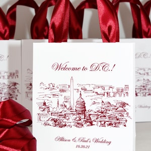 25 Welcome to Washington DC Wedding Bags with satin ribbon handles, Destination Wedding, Burgundy Personalized Gift bags for party favors