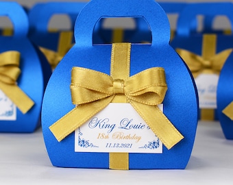 Caja de regalos de fiesta Royal Blue & Gold con lazo de cinta de satén y etiqueta personalizada, bonbonniere personalizado elegante, cajas de regalo de bolso pequeños para dulces