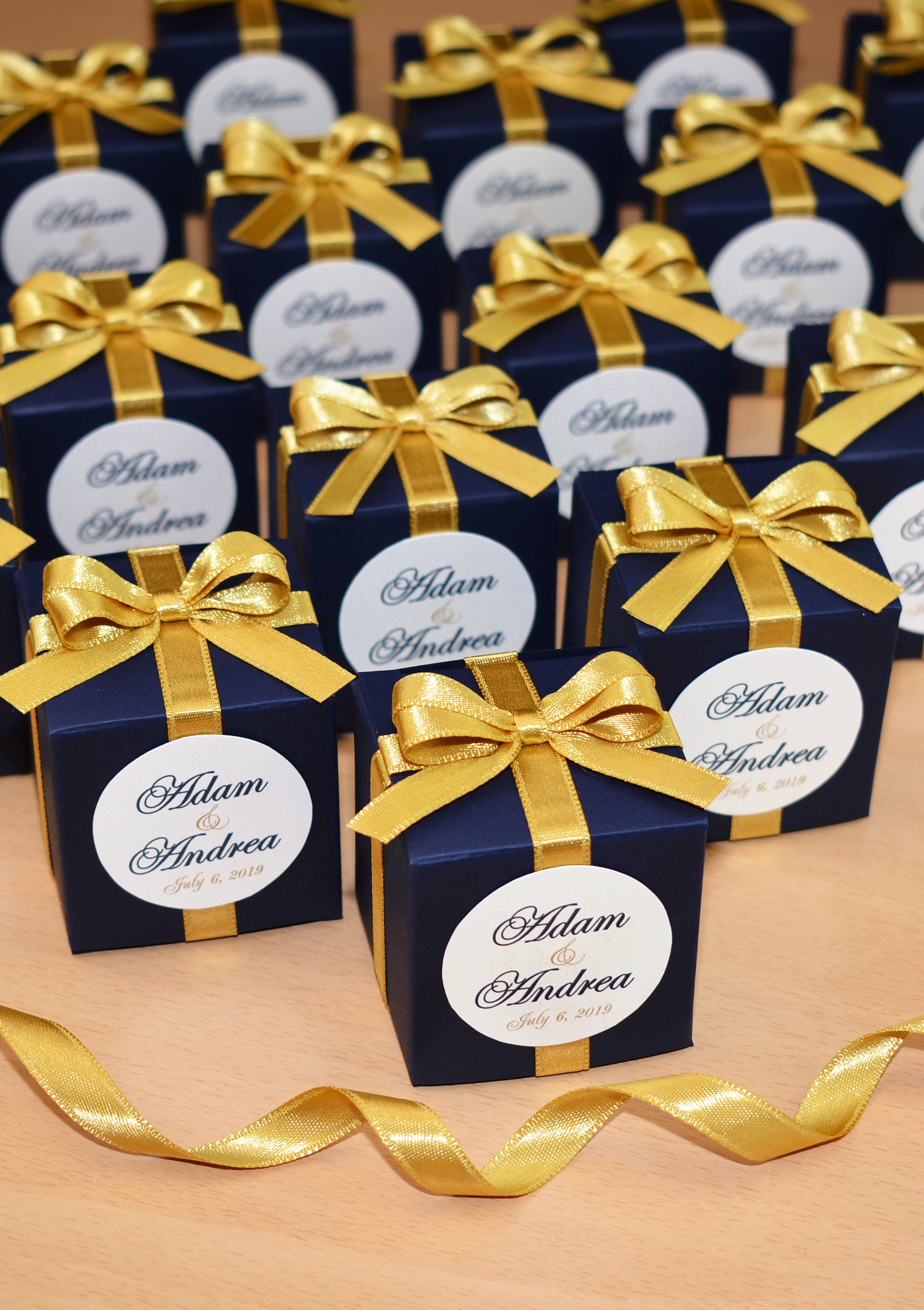 Navy Blue Wedding Favour Box With Golden Monogram Embroidery