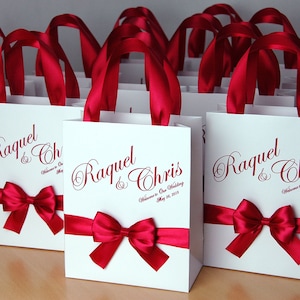 25 Raspberry wedding welcome bags with satin ribbon handles, bow and your names Elegant Personalized Wedding Gifts & Favors for hotel guests