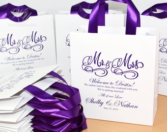 30 paarse bruiloft Welkom zakjes met satijn lint handgrepen & de gunsten van het huwelijk van het elegante gepersonaliseerde bestemming van namen voor gasten met een bruiloft Weekend