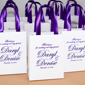 25 Purple Wedding Welcome bags for favor for guests, Elegant Personalized Gift Bag with satin ribbon handles and your names, goodie bags
