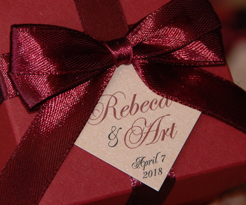 Wedding favor boxes with Wine Burgundy satin ribbon and personalized Blush tag Elegant wedding favor candy box Burgundy Wedding Bonbonniere