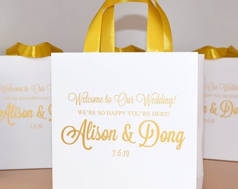 35 Gold Wedding Welcome bags with satin ribbon handles & names, Elegant Personalized Wedding welcome gifts and favors for guests