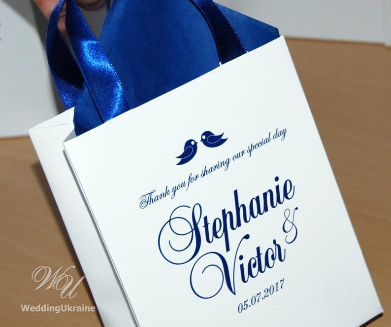 Thank you for sharing our special day gift bags for guests 35 Wedding Welcome Bags with Cobalt Blue satin ribbon names /& love birds