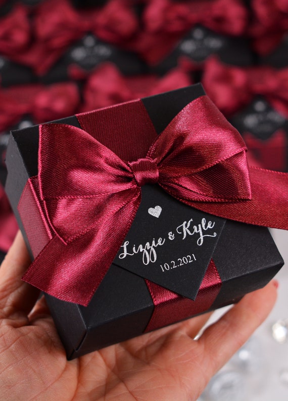 Wedding Favor Boxes Personalized With Burgundy Satin Ribbon, Bow