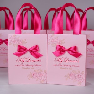 20 Pink Birthday gift bags with satin ribbon handles, bow and custom name, Pink & Gold Roses, Elegant Personalized Party favors for guests