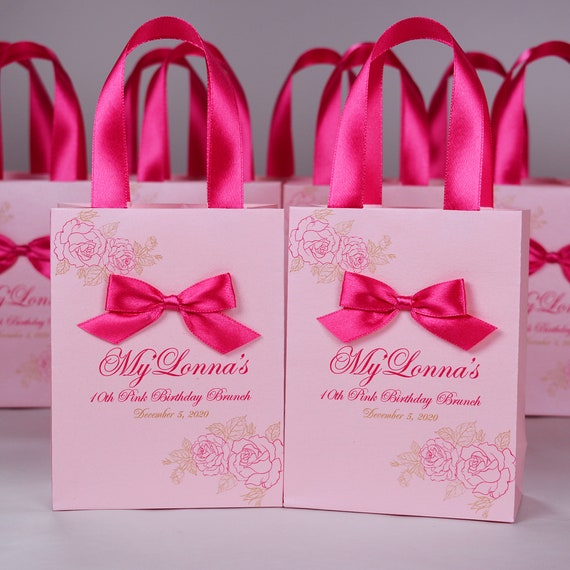 20 Pink Birthday gift bags with satin ribbon handles bow and | Etsy