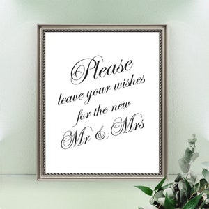 Bitte hinterlassen Sie Ihre Wünsche für das neue Mr und Mrs Schild, moderne Kalligraphie, Hochzeitsschild, Gästebuchschild, Sofort Download