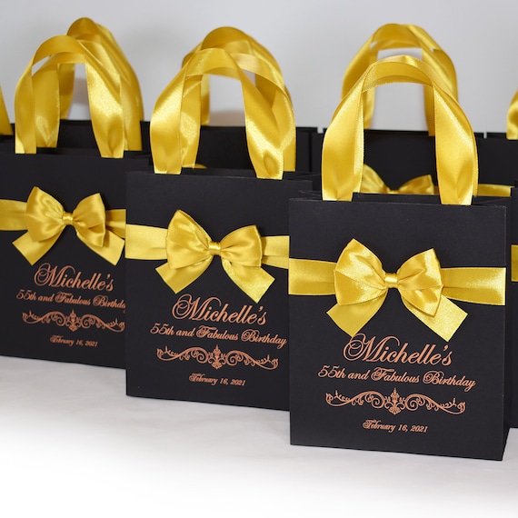 25 Birthday Party Favor Bags With Gold Satin Ribbon Handles, Bow and Your  Name, Elegant 55th and Fabulous Rose Gold Personalized Gift Bags 