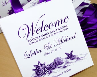 35 Beach Wedding Welcome bags with satin ribbon handles and your names - Personalized Wedding Favor Bag - Elegant Purple Weddings, Sea Shell