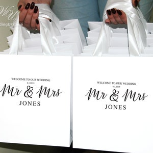 35 Mr & Mrs Wedding welcome bags with satin ribbon handles, Elegant Personalized Wedding Bags for gifts and favors for your guests