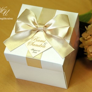 Champagne Wedding Gifts Boxes with satin ribbon, bow and names - White and Champagne - Custom personalized weddings favors box