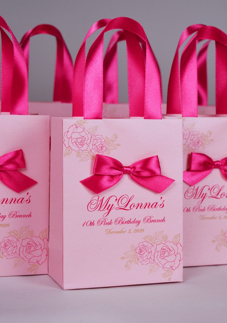 20 Pink Birthday gift bags with satin ribbon handles bow
