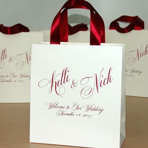 35 Wedding Welcome Bags with satin ribbon handles & your names Elegant Personalized Ivory and Burgundy wedding gifts and favors for guests